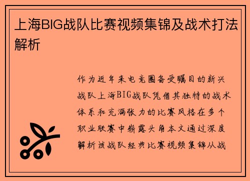 上海BIG战队比赛视频集锦及战术打法解析